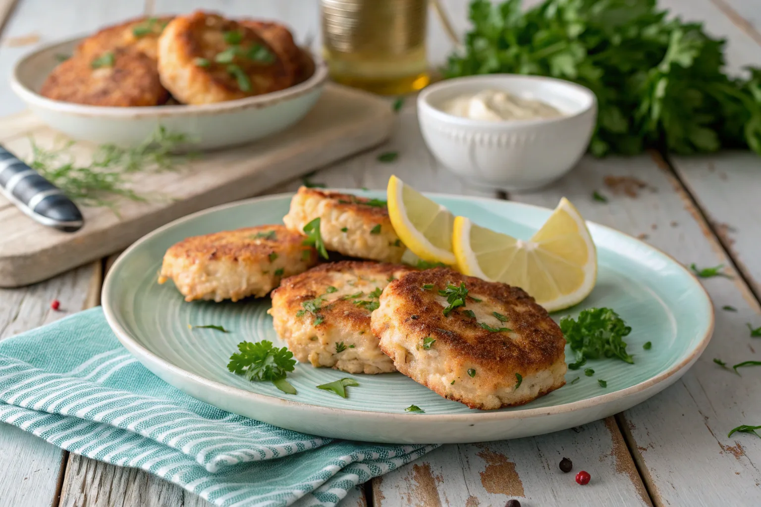 Golden salmon patties on a plate.