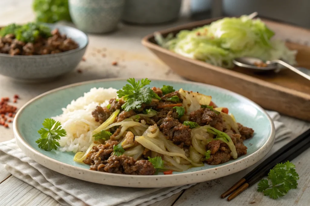 Ground beef cabbage with rice.