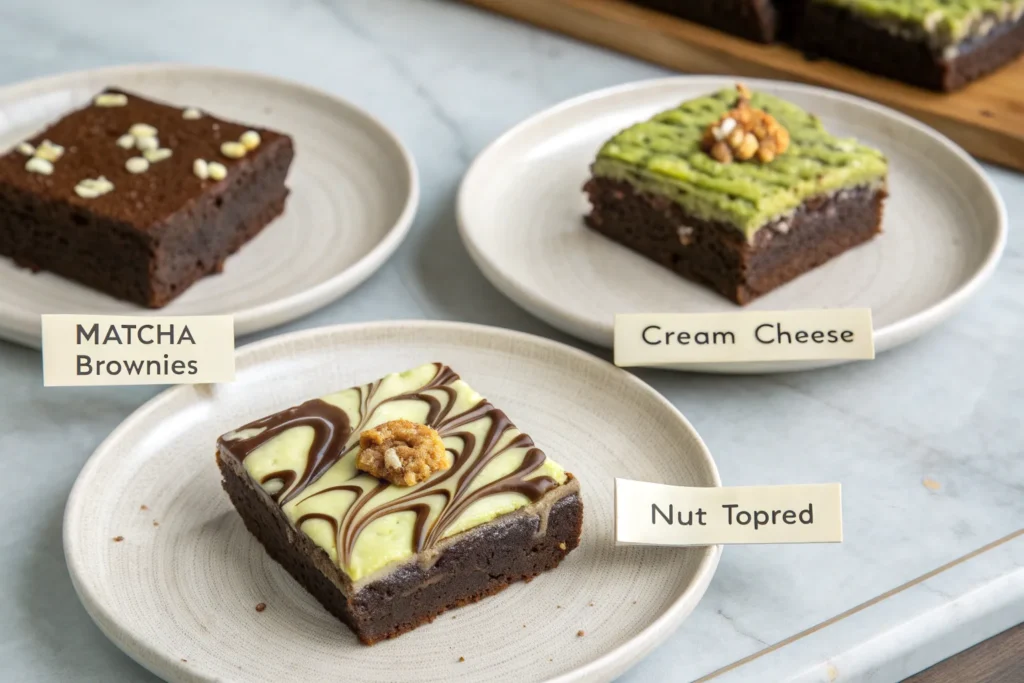 Three variations of matcha_brownies: white chocolate swirl, cream cheese swirl, and nut-topped.