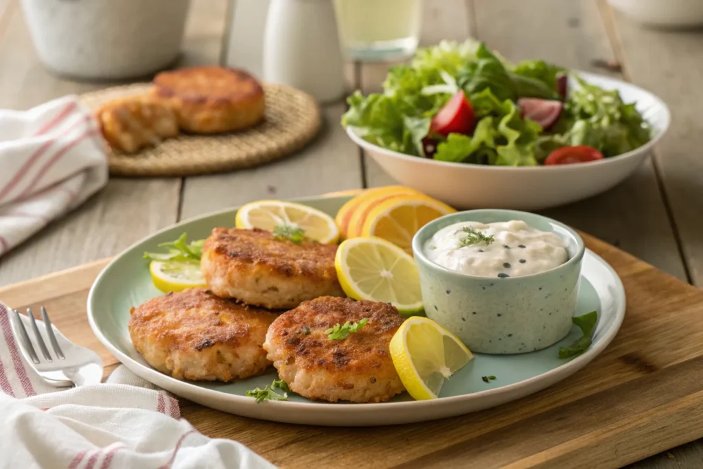 Salmon_patties served with lemon, tartar sauce, and a salad.