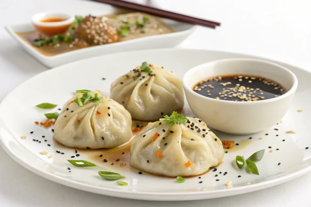 Vegetarian_soup_dumplings with dipping sauce.