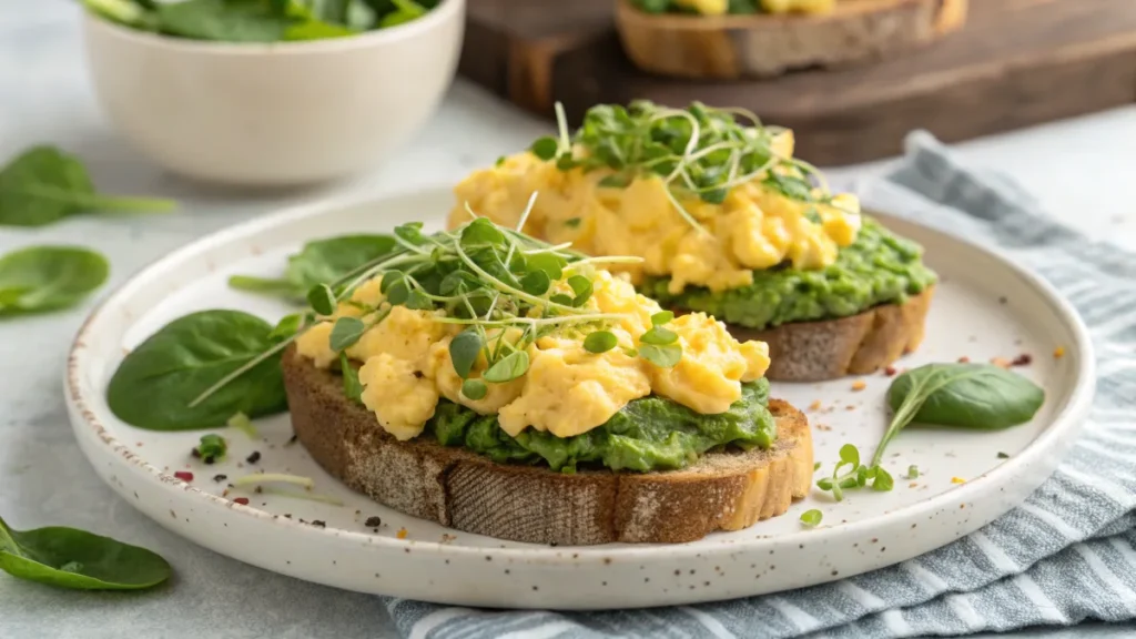 Scrambled eggs with spinach and avocado toast.