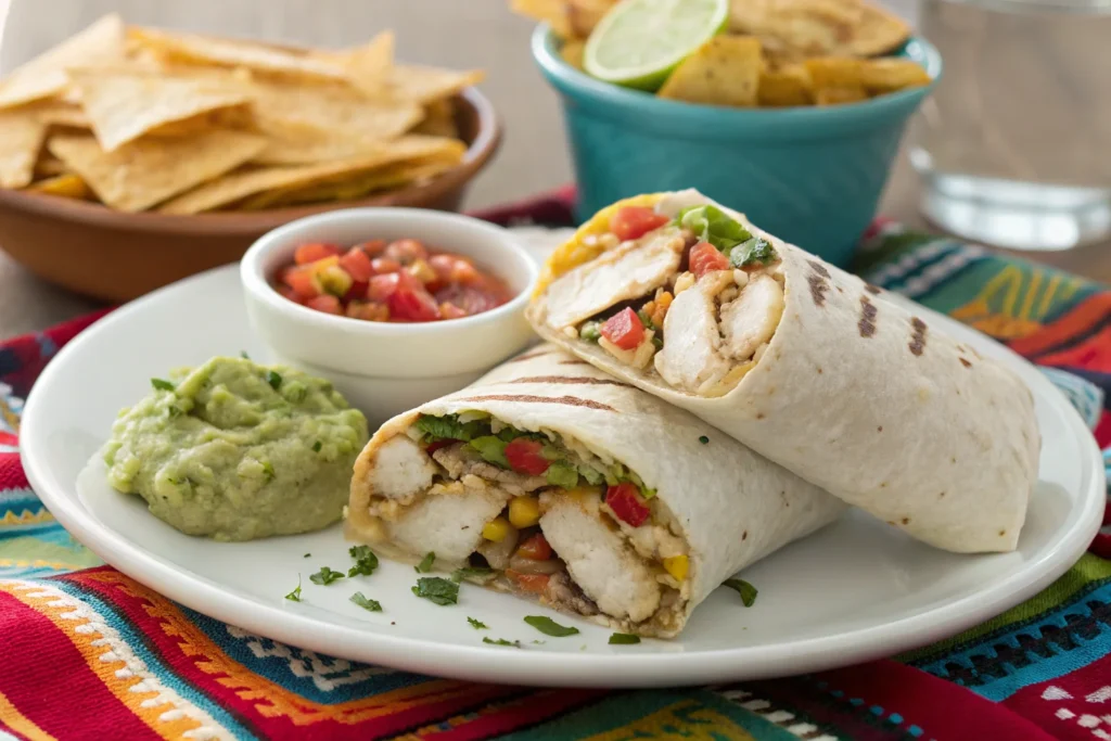 A sliced chicken burrito served with sides.