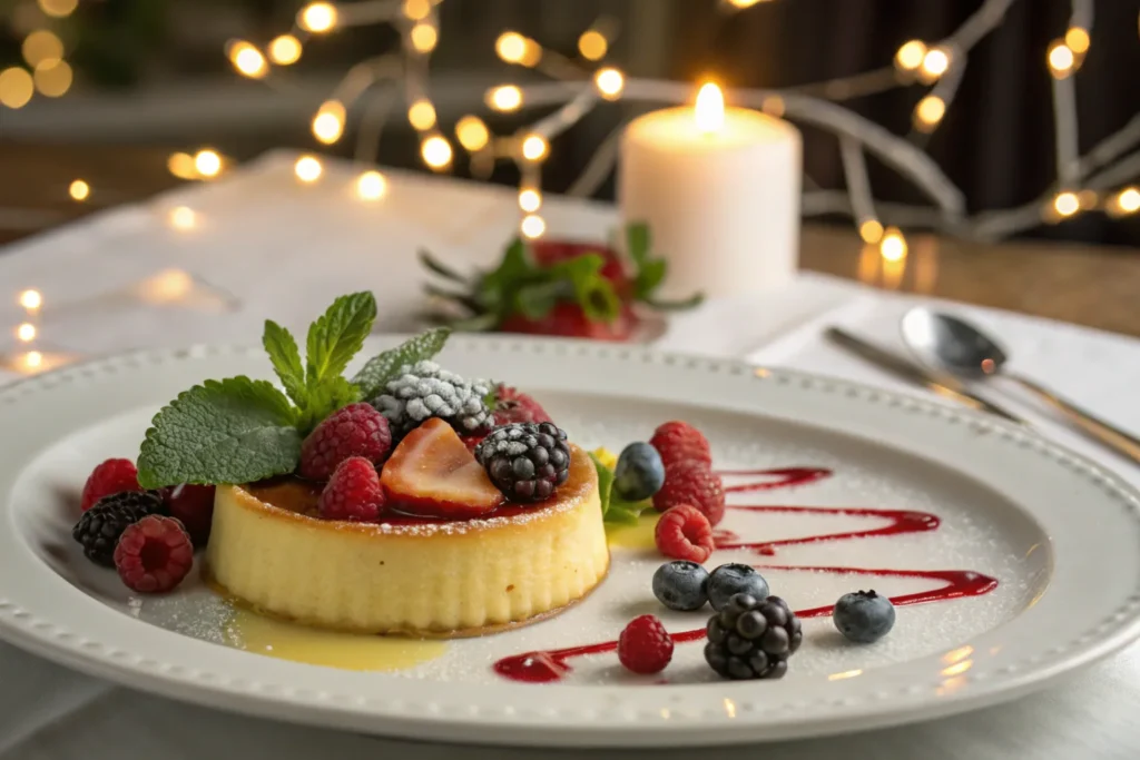 Custard tart garnished with fresh berries.