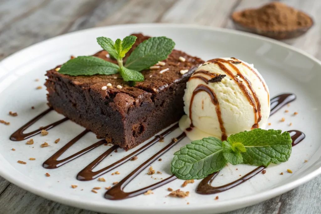 Brownie cake slice served with ice cream.