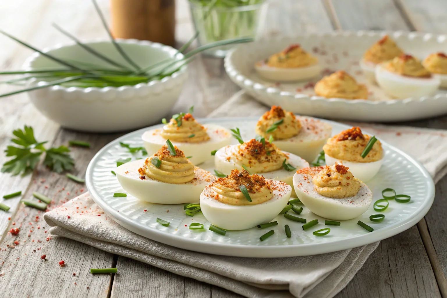 Deviled eggs with garnishes on a platter.