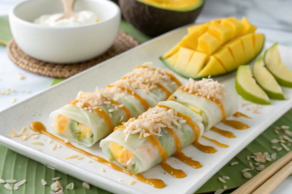 Sweet mango and coconut rice_paper rolls with condensed milk.