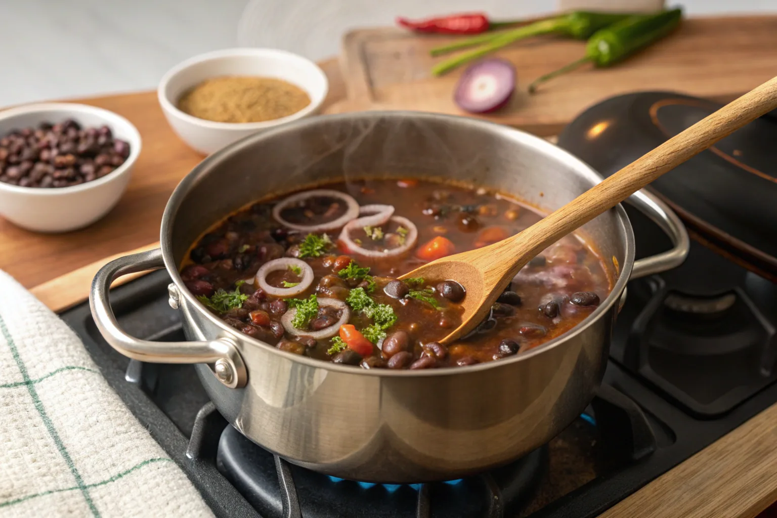 A pot of black bean soup cooking on the stove.