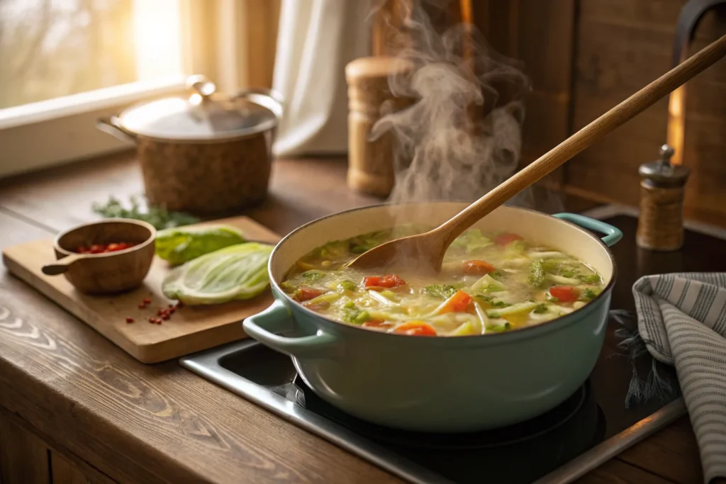 Cabbage soup simmering on a stove