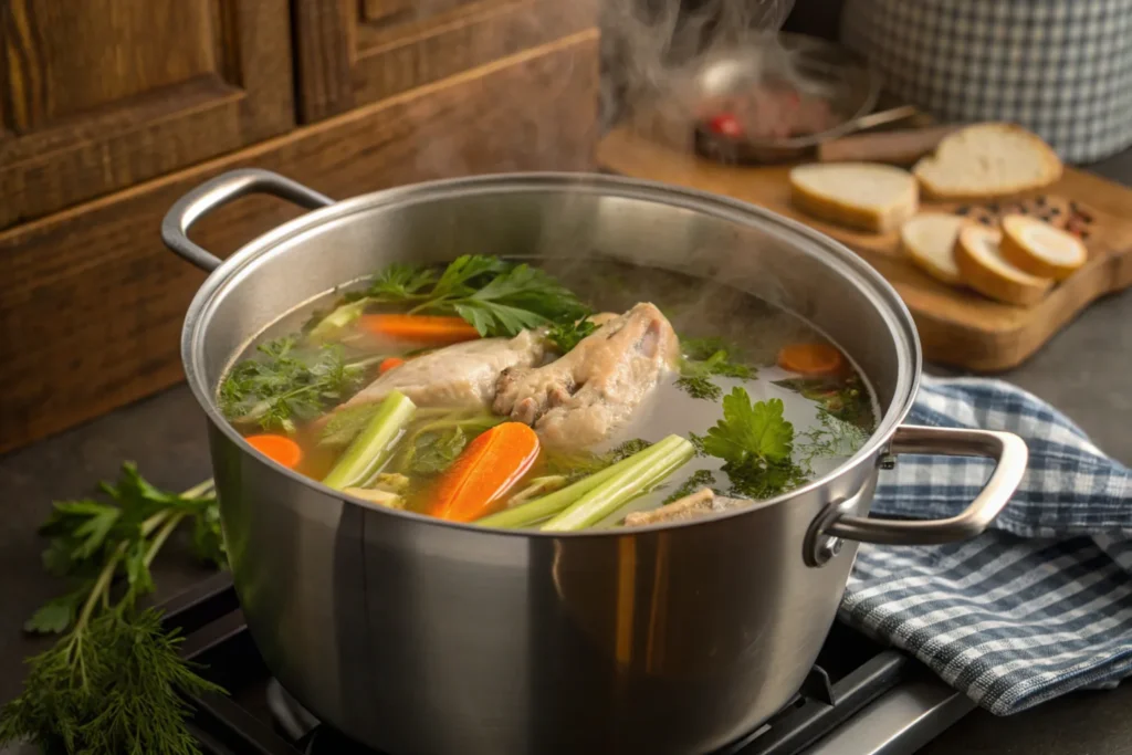 Making chicken stock from rotisserie chicken bones.