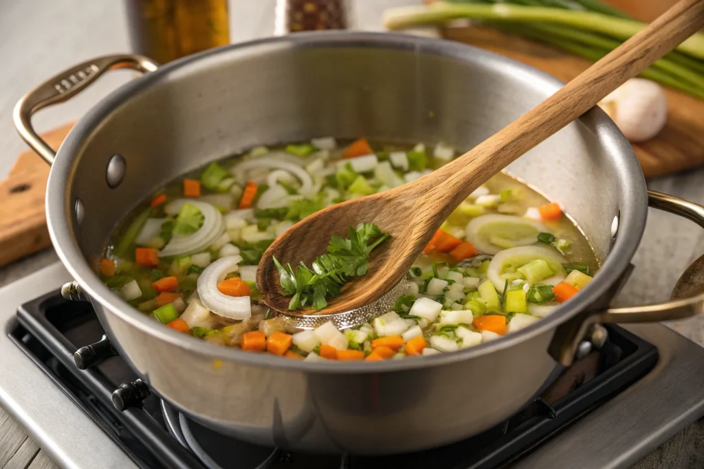 Sautéing aromatics for a flavorful soup base.