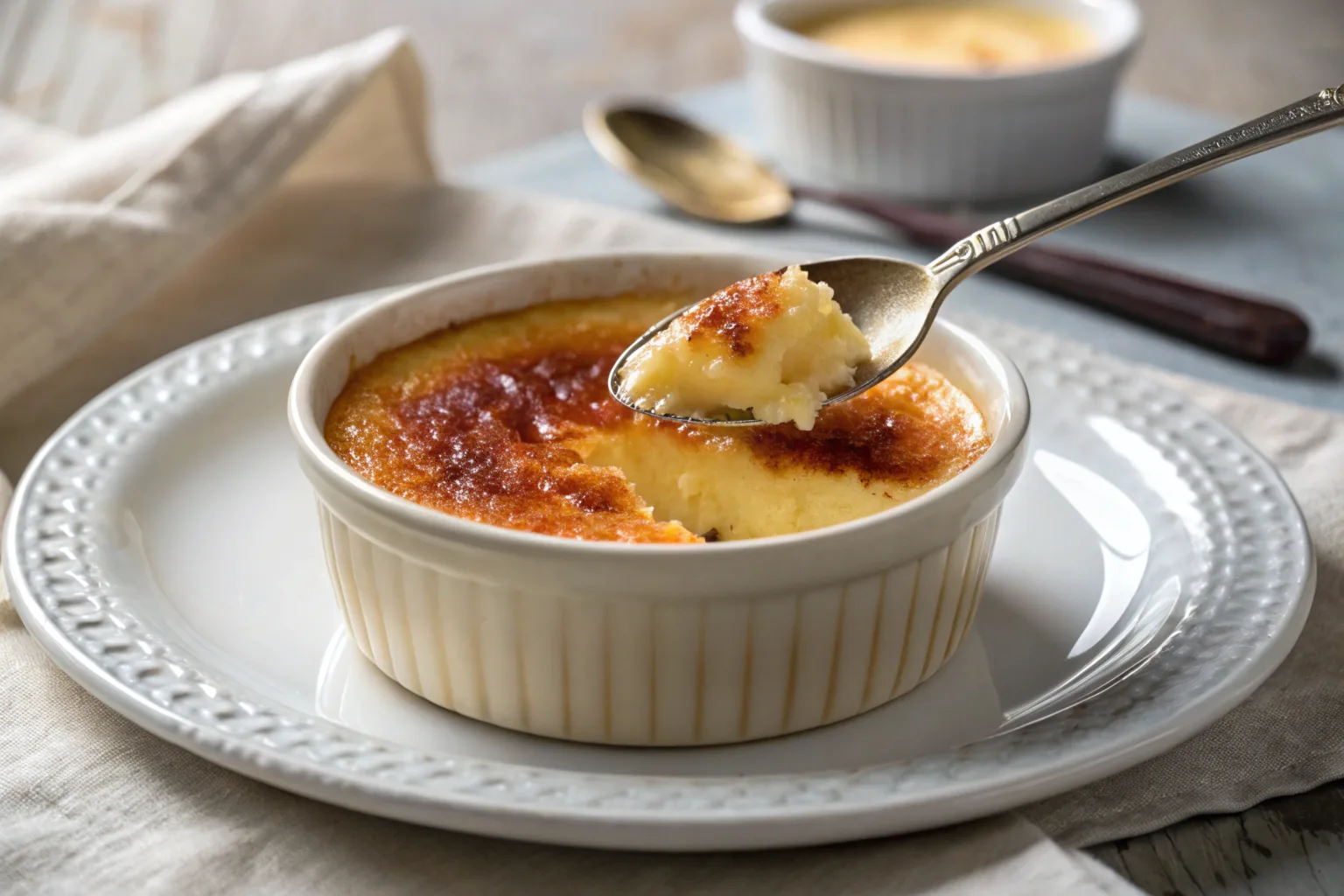 Crème brûlée served with a crisp topping.