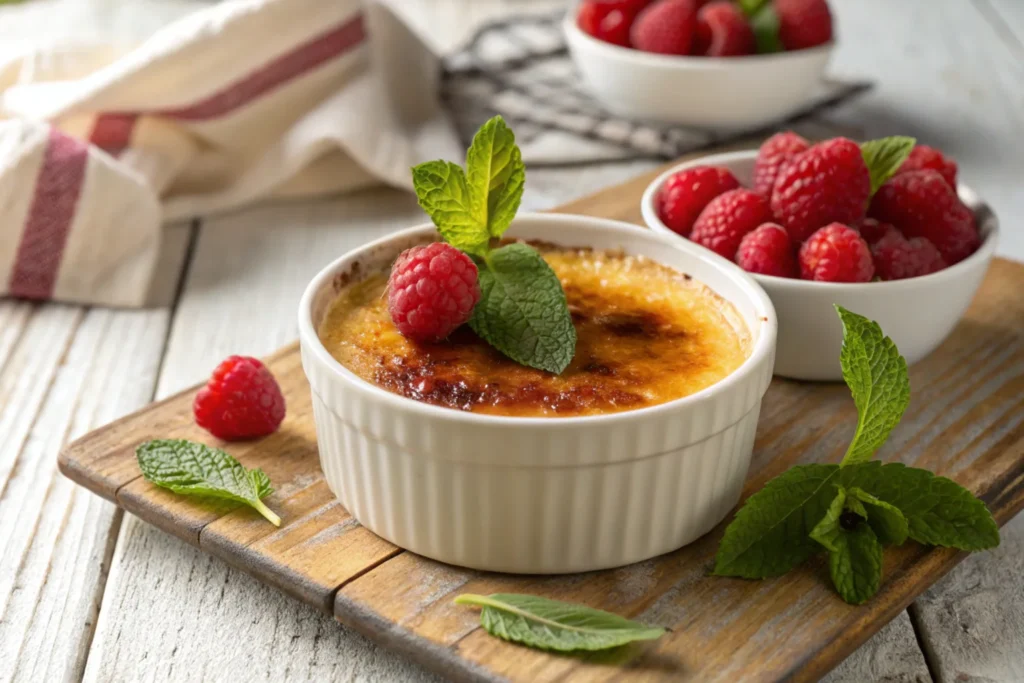 Crème brûlée with caramelized sugar topping.