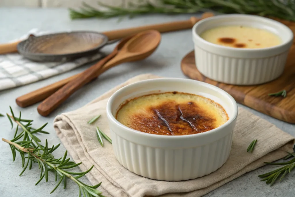 Overcooked crème-brûlée with cracks.