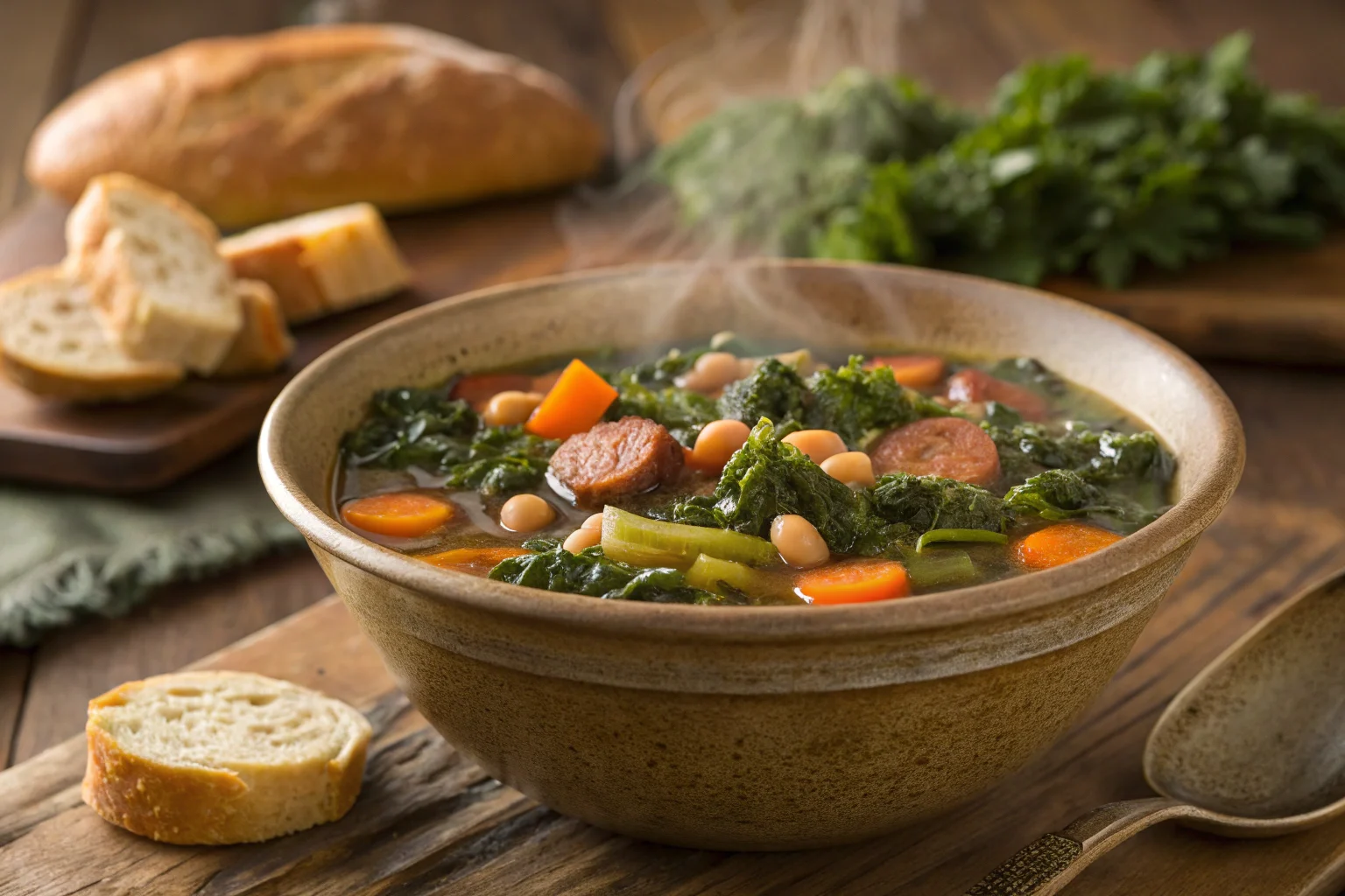 A bowl of swamp soup featuring kale, beans, and sausage.