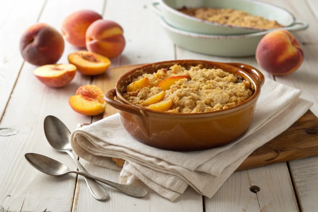 Peach_crumble served in a rustic dish.