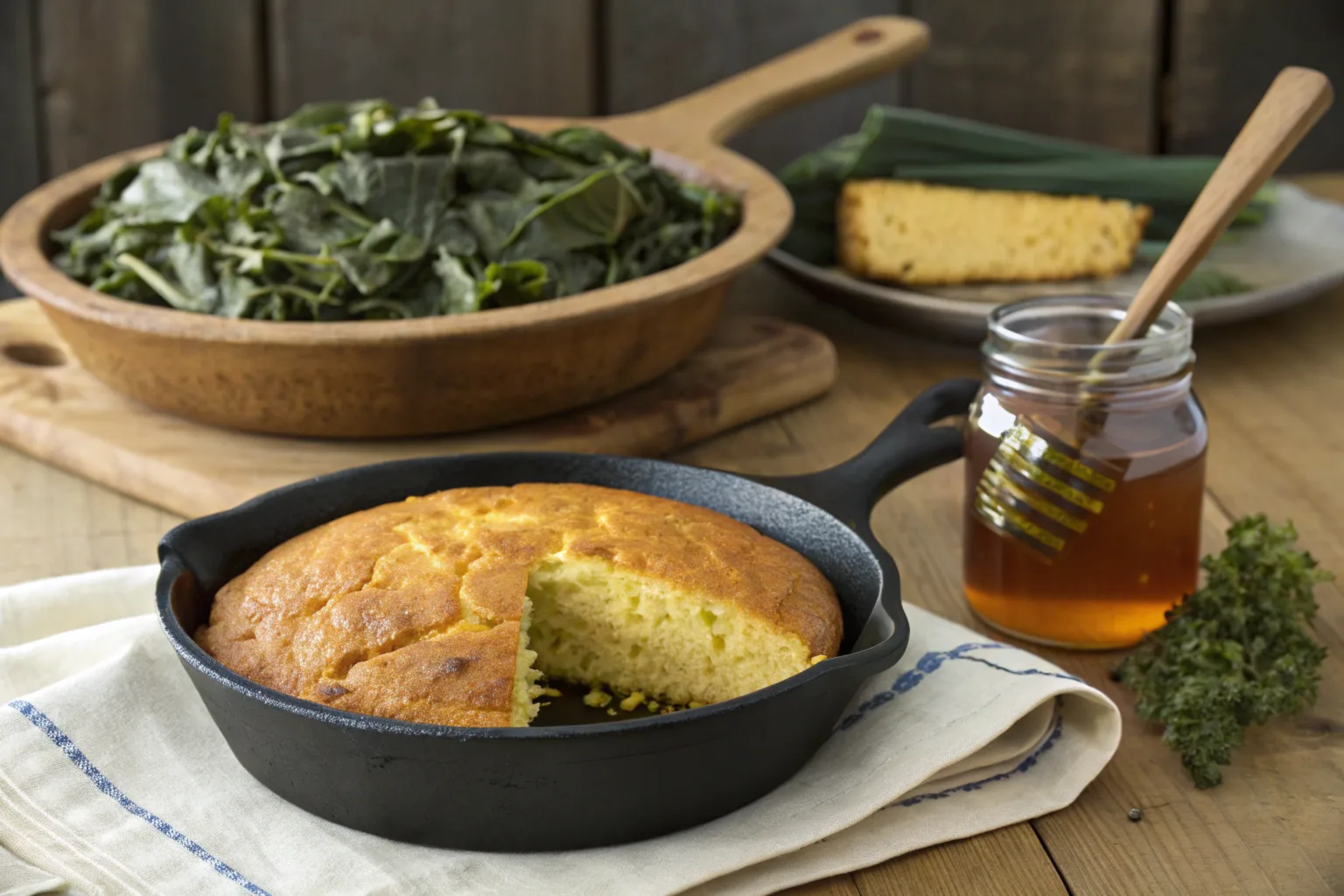 Southern cornbread in a skillet with collard greens.