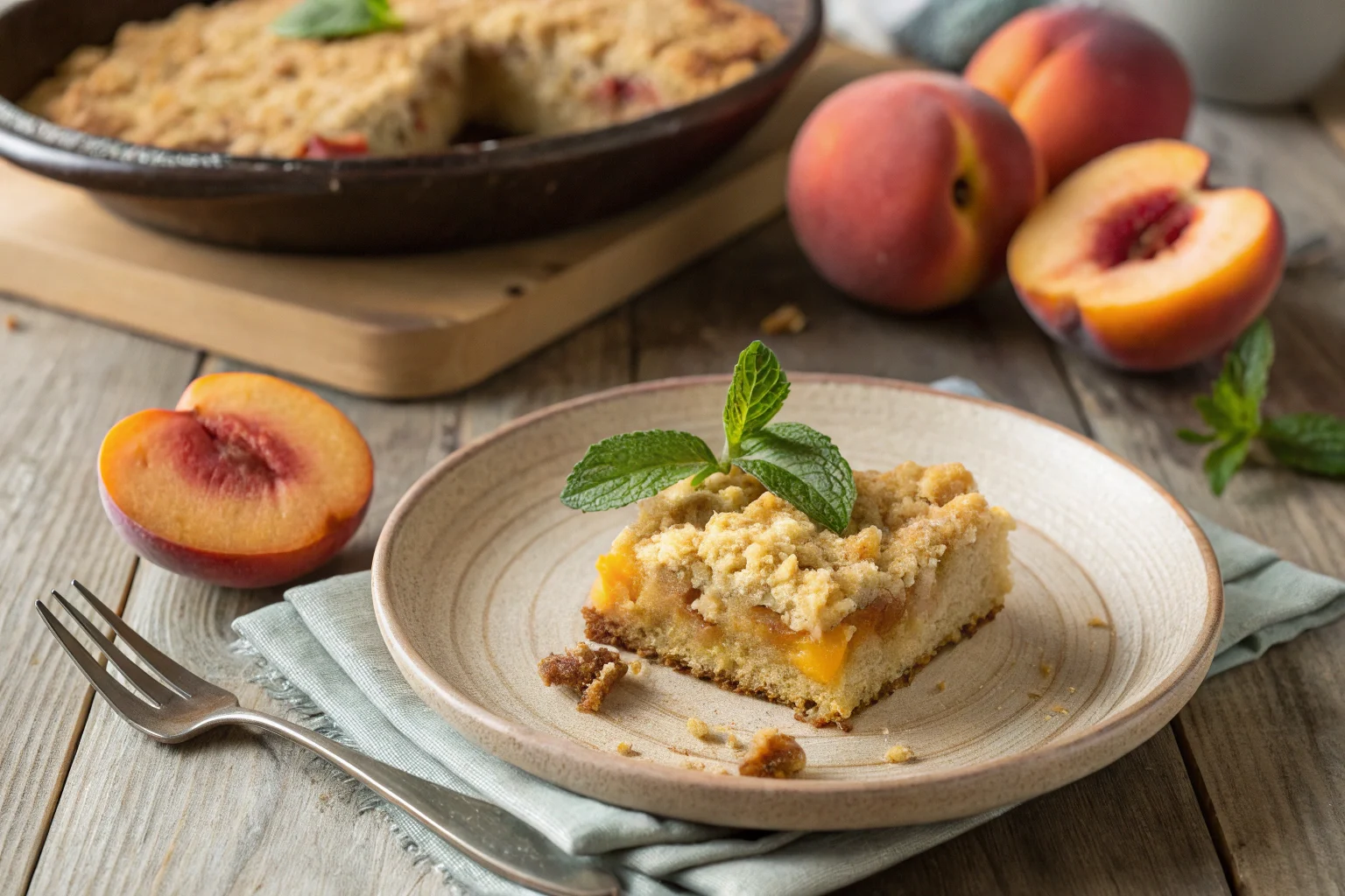 Peach crumble served with vanilla ice cream.