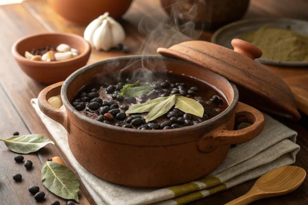 A pot of freshly cooked black beans with garlic and bay leaves.