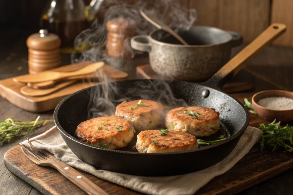 Frying salmon_patties in a skillet.