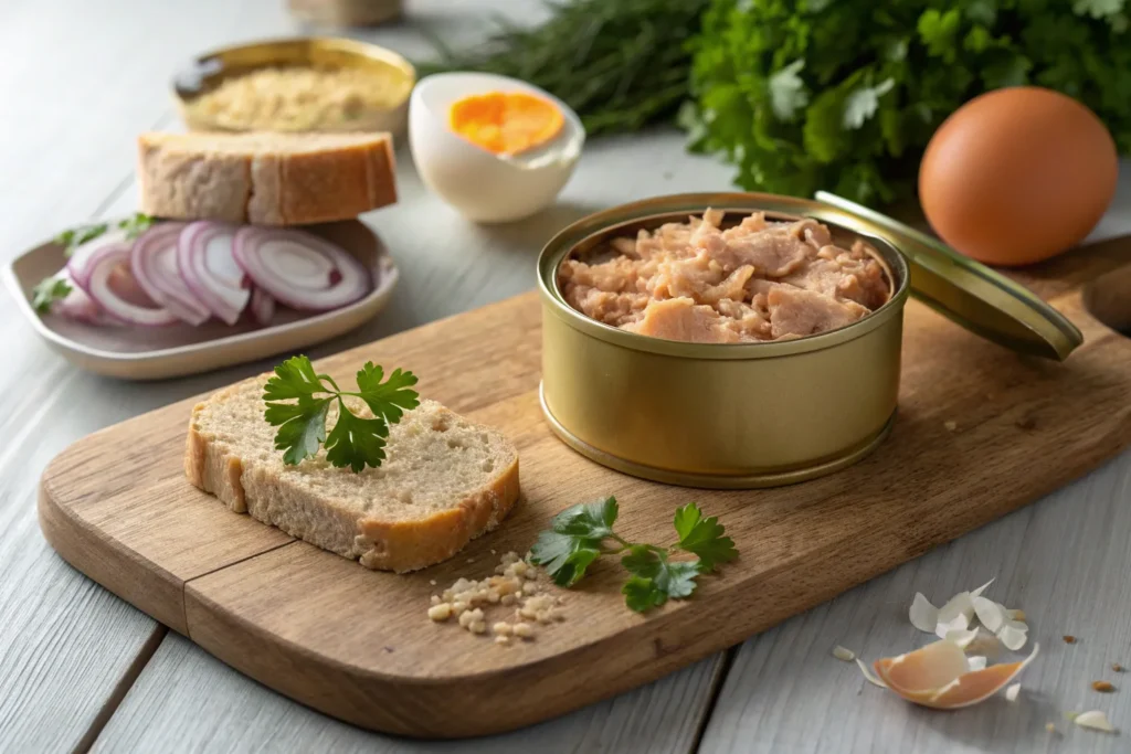 Ingredients for salmon patties on a board.