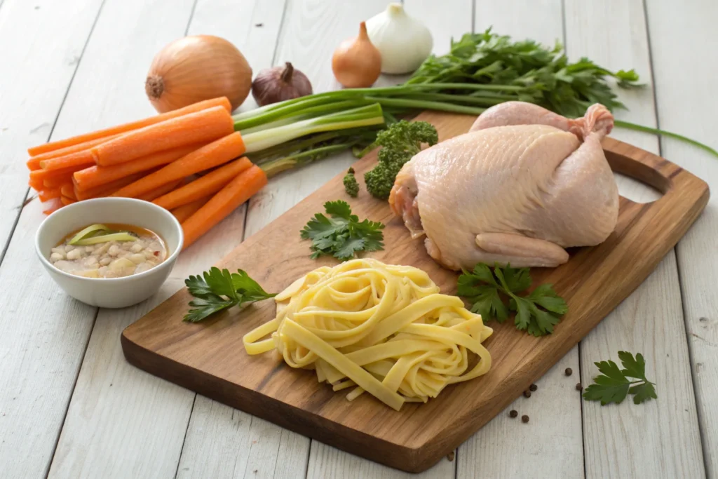 Ingredients for chicken noodle soup.