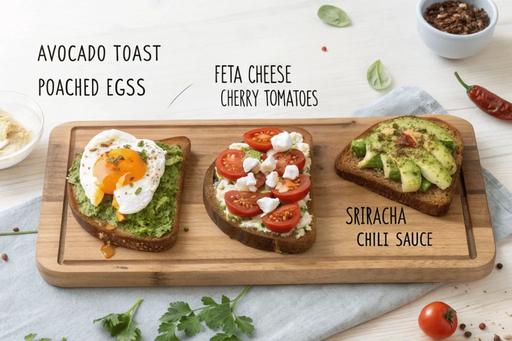 Three creative_avocado_toast variations featuring different toppings.