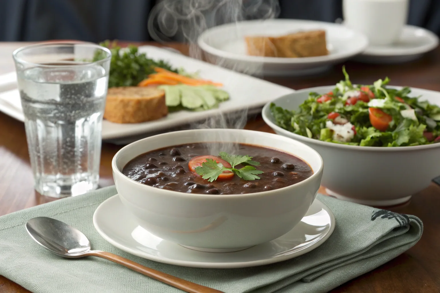 A healthy meal featuring black bean soup and salad.