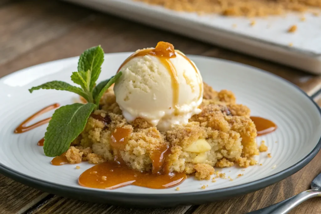 Crumble served with ice cream and caramel.