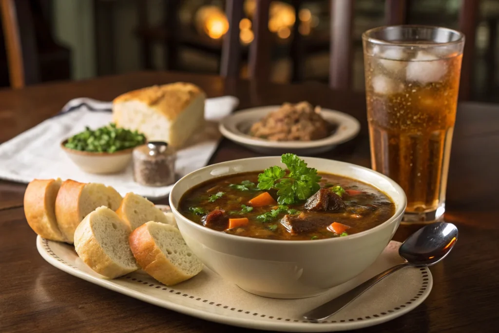 Swamp_soup served with crusty bread and wine.