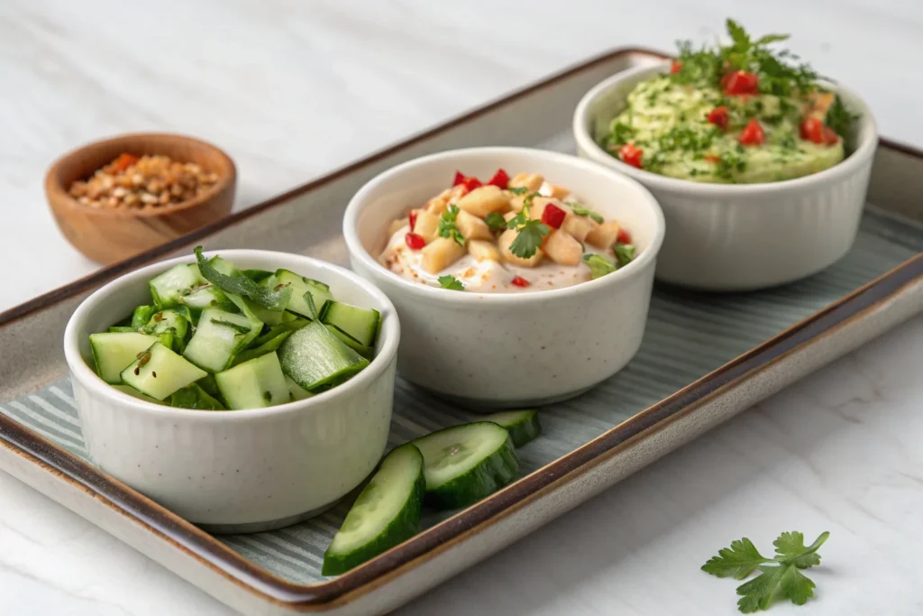 Cucumber salad variations in small bowls.