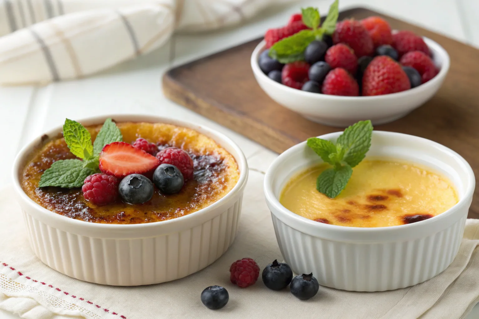 Crème brûlée and custard side by side.