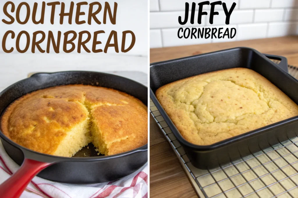 Southern cornbread in a skillet vs. Jiffy cornbread in a pan.