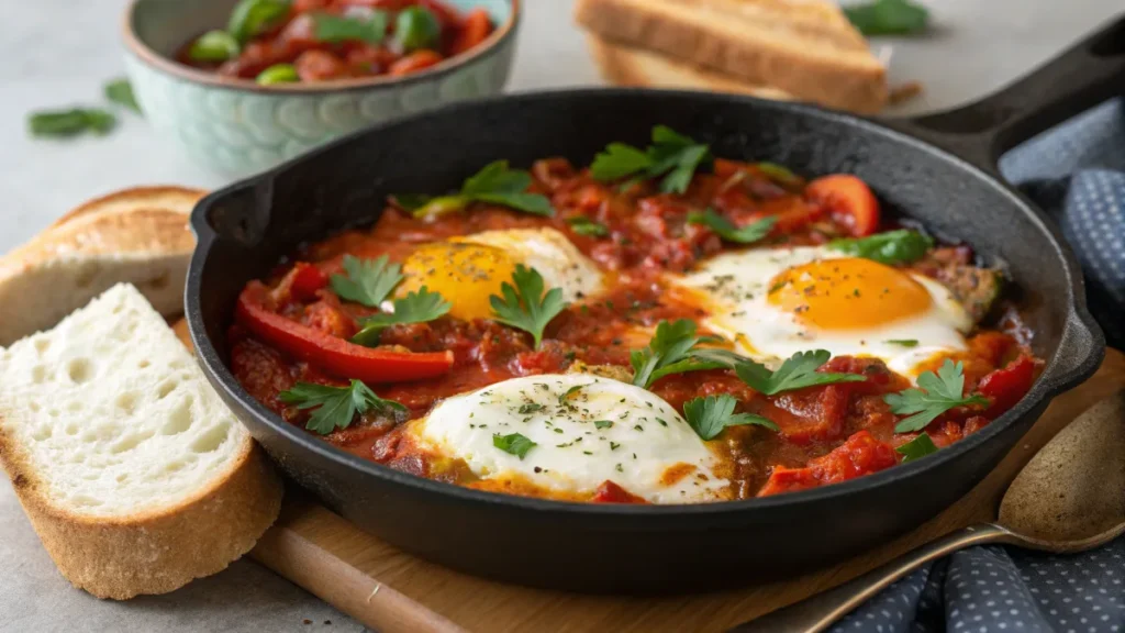 Shakshuka with poached eggs and bread.