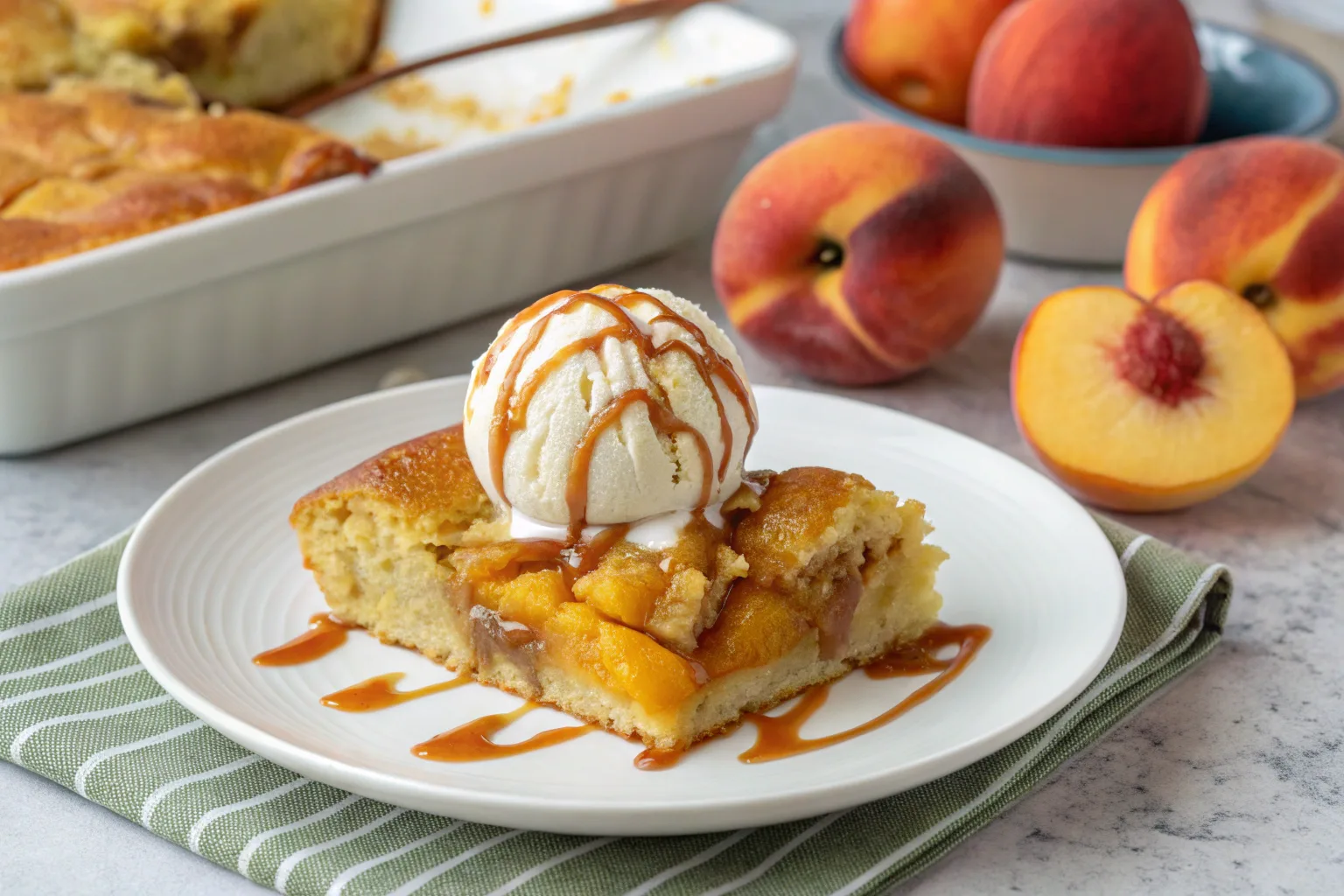 Peach cobbler topped with ice cream and caramel drizzle.