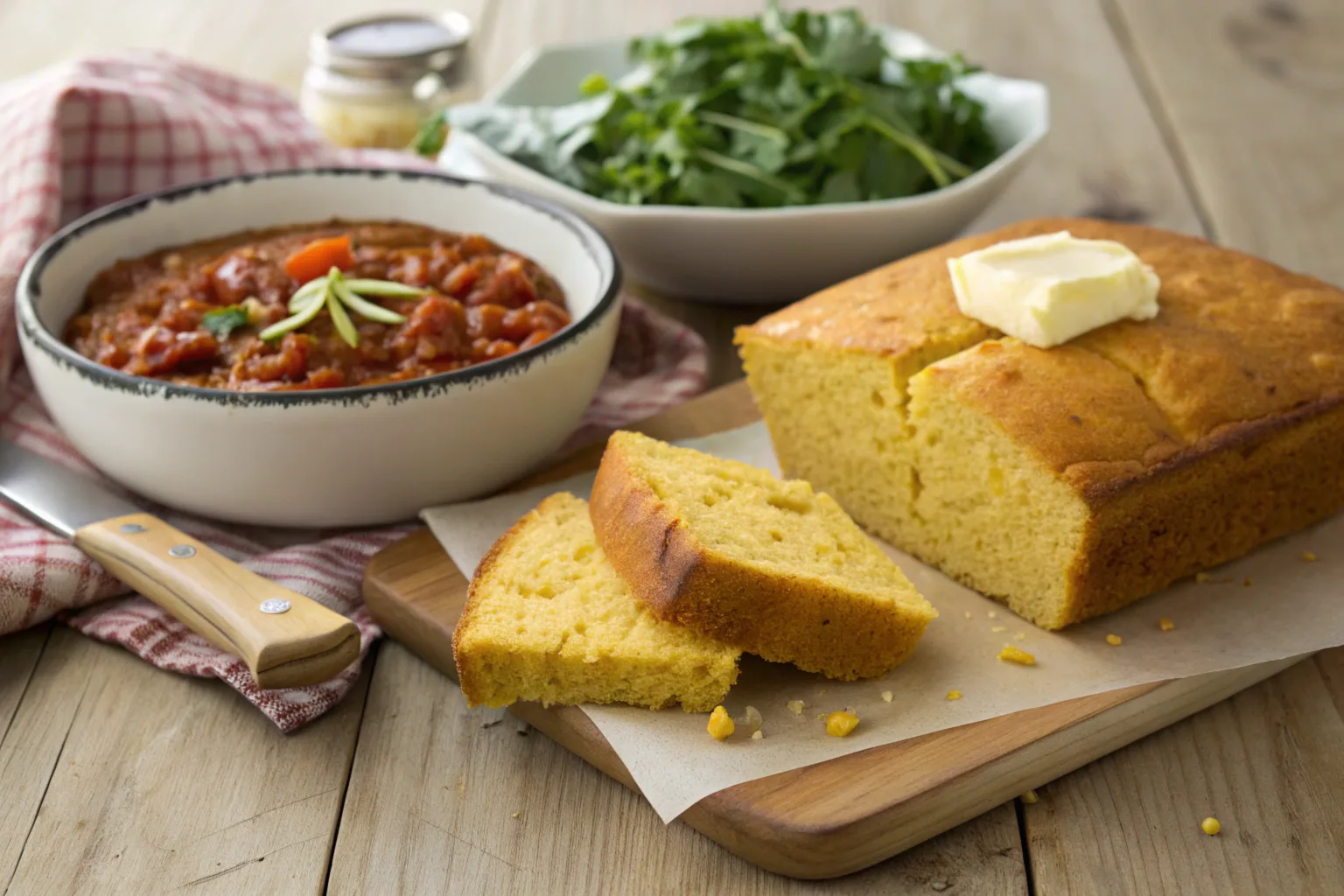 Cornbread slices served with butter and chili.