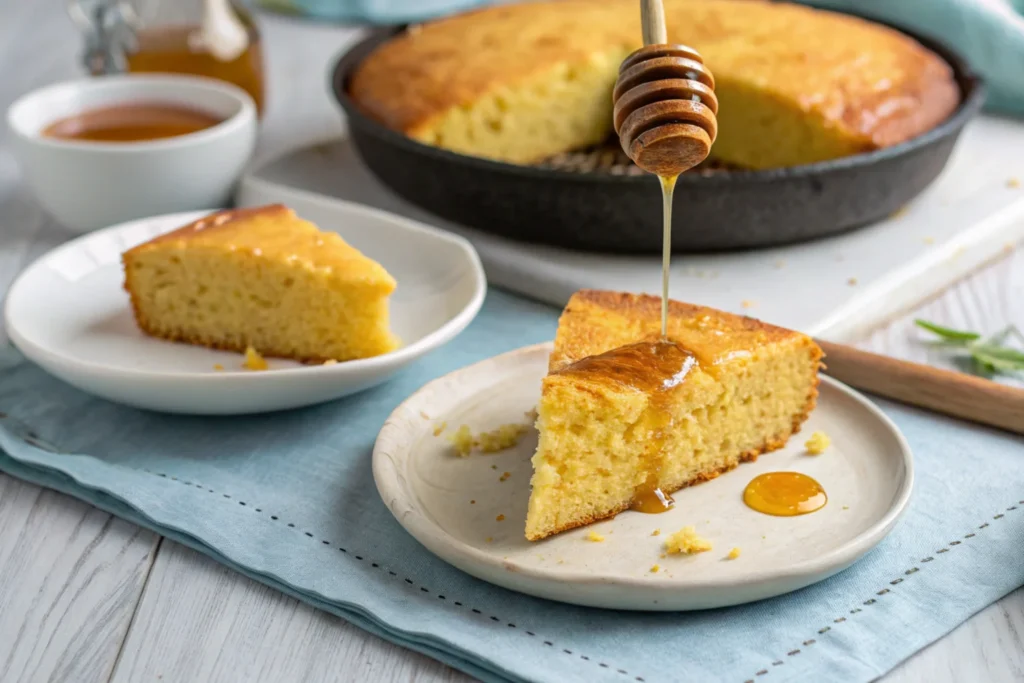 Southern cornbread plain vs. with honey drizzle.