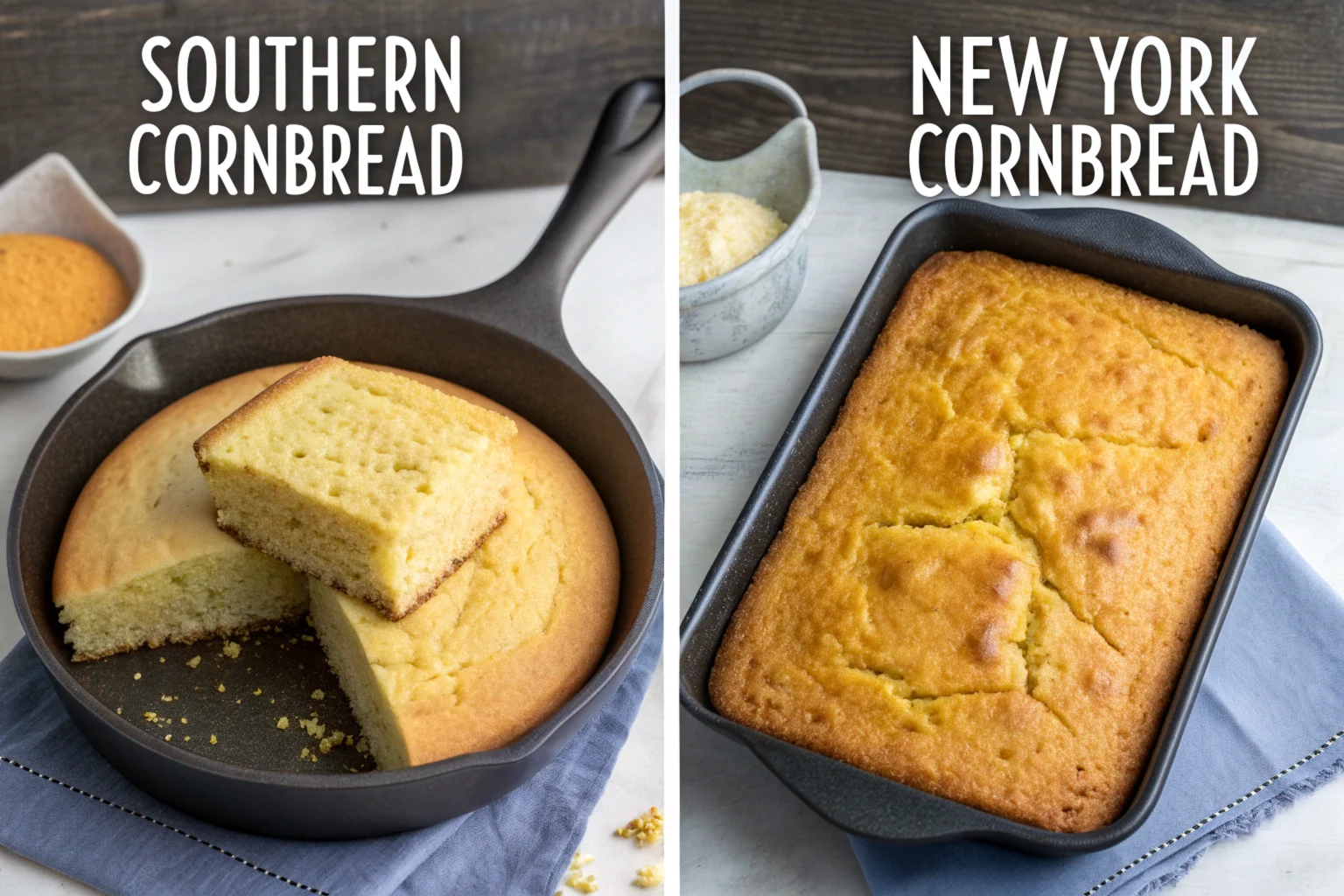 Southern cornbread in a skillet vs. New York cornbread in a pan.