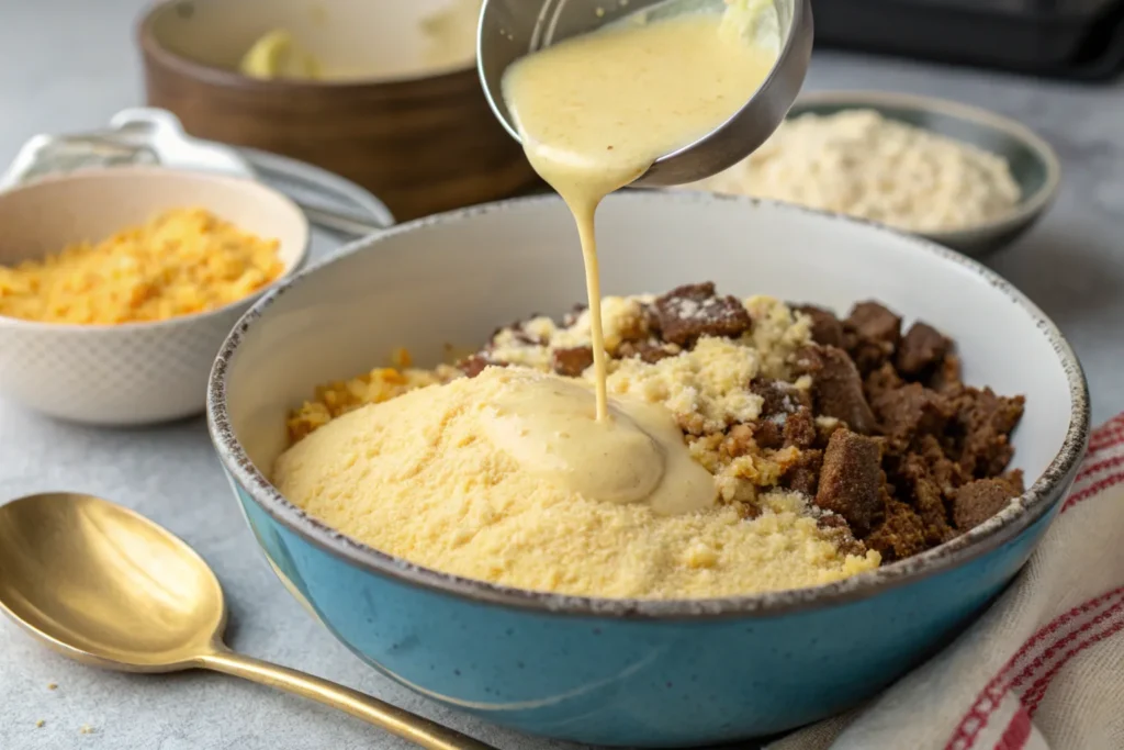 Beef tallow being mixed into cornbread batter.