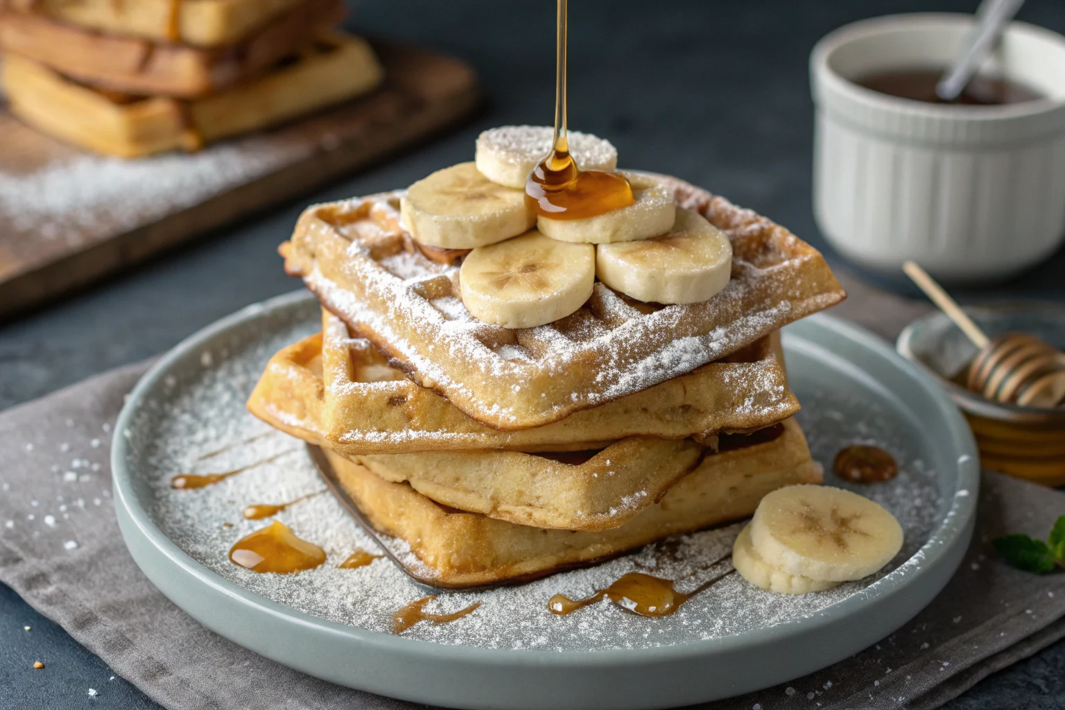 Banana waffles with syrup and bananas.