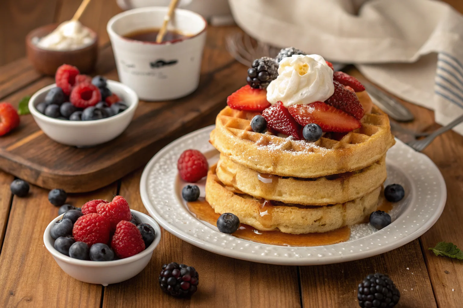 Almond flour waffles with berries and syrup.