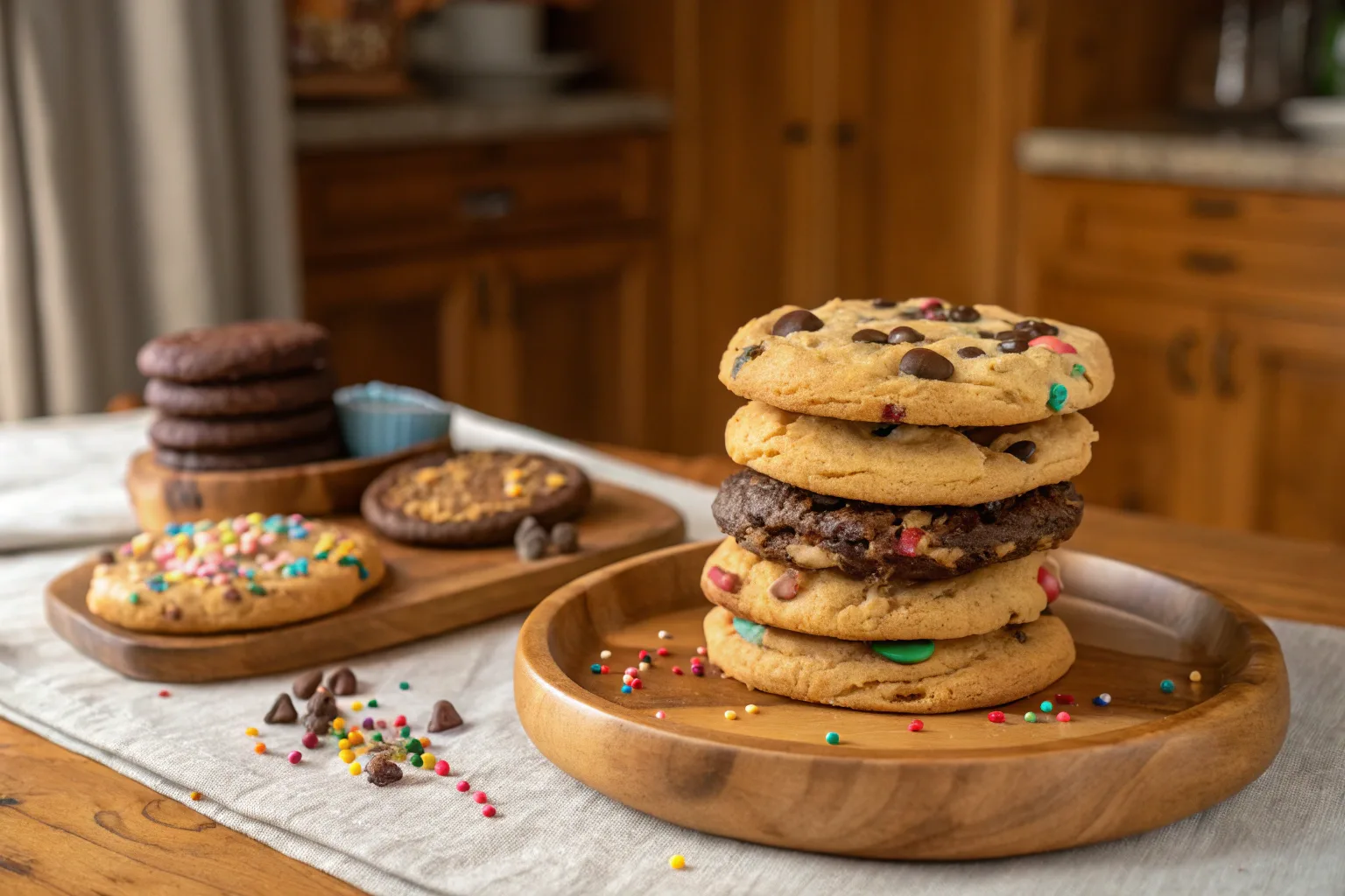 Stack of assorted Crumbl-style cookies.