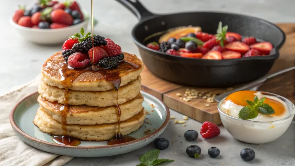 Whole-grain pancakes and shakshuka served for breakfast.