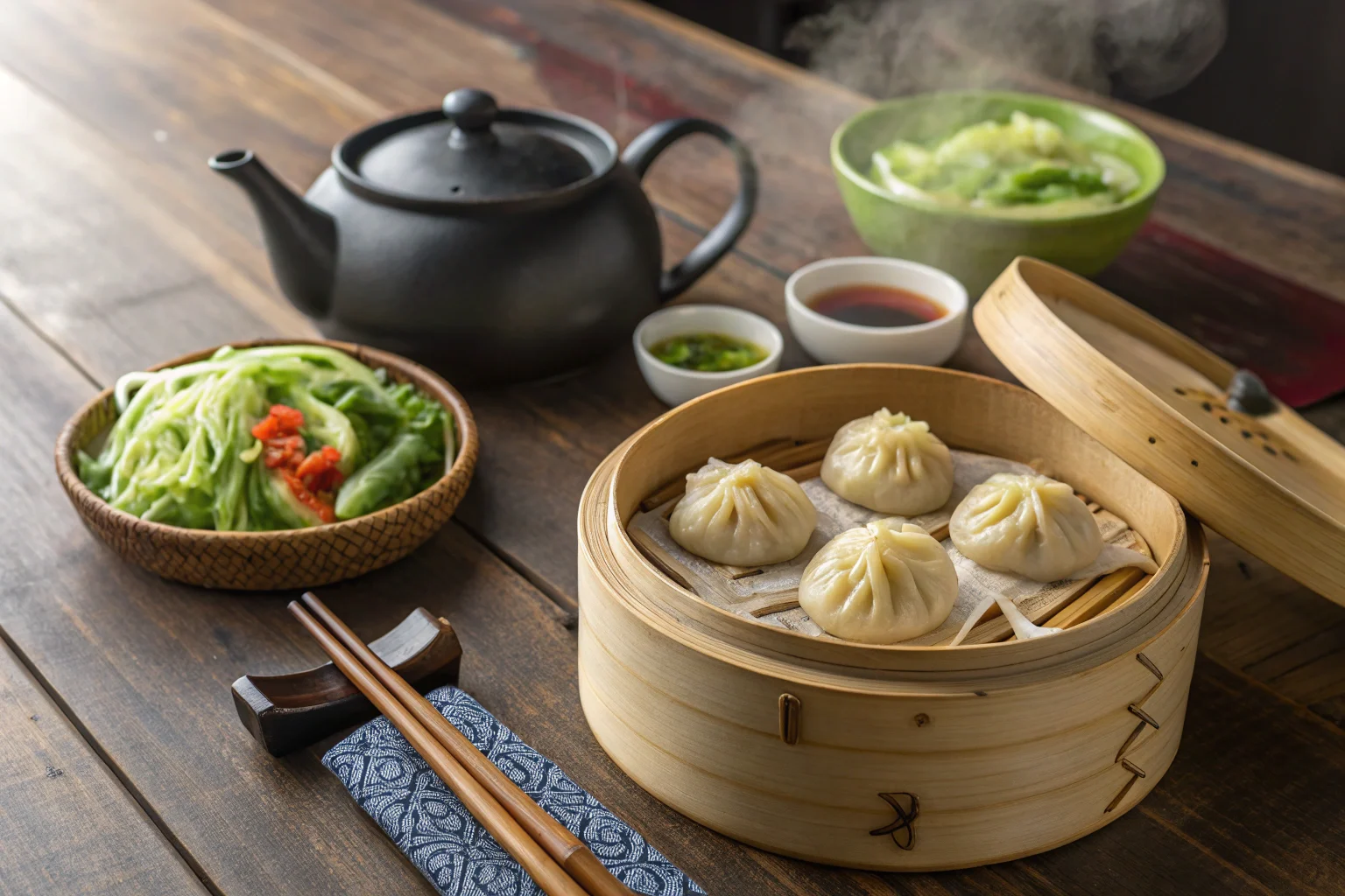 Vegetarian soup dumplings with side dishes.