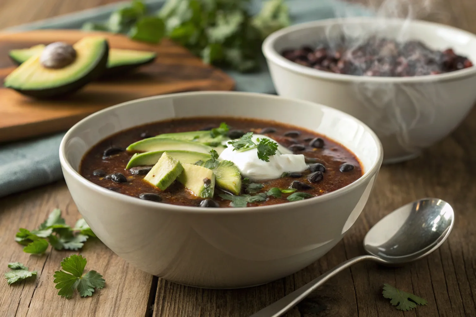 A flavorful black bean soup garnished with fresh toppings.