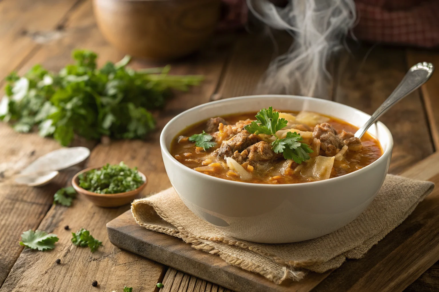 Cabbage soup with ground beef and parsley