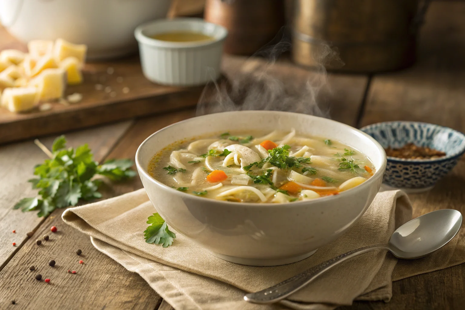 Bowl of chicken noodle soup on a table.