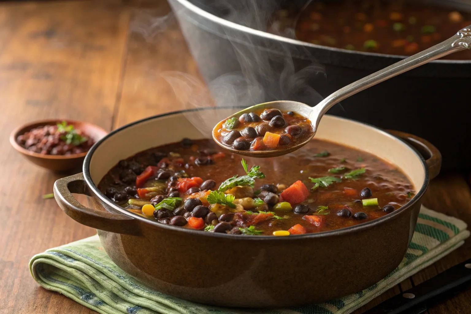 Black bean soup simmering in a pot.