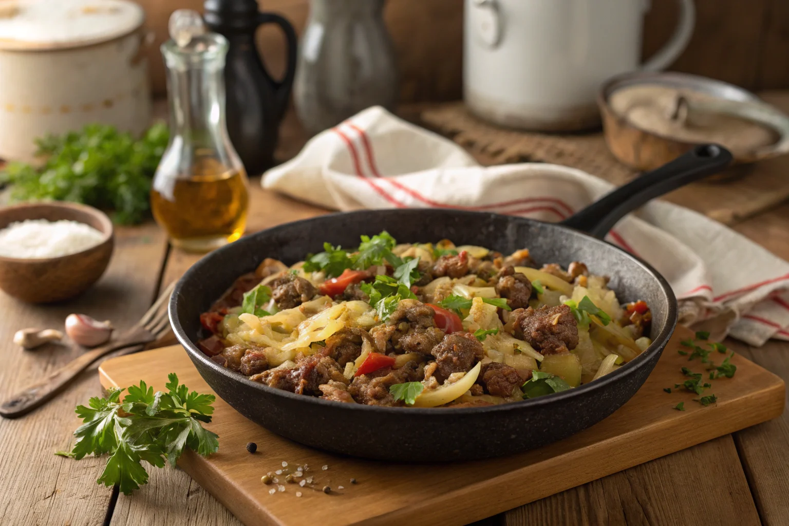 Ground beef and cabbage in a skillet.