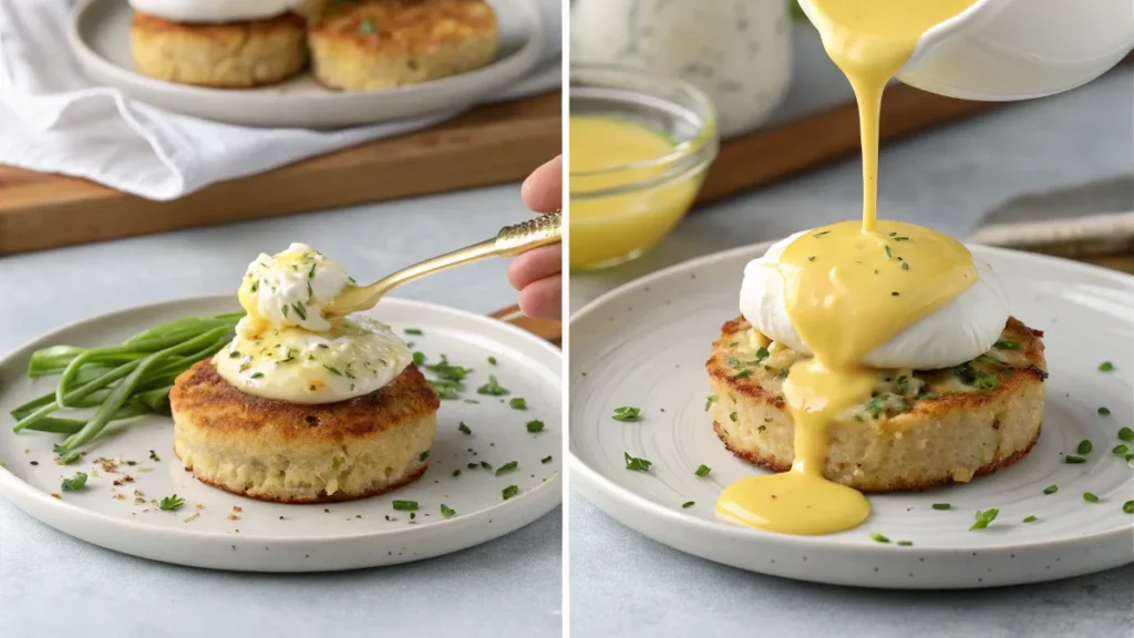 Assembling Crab Cake Eggs Benedict